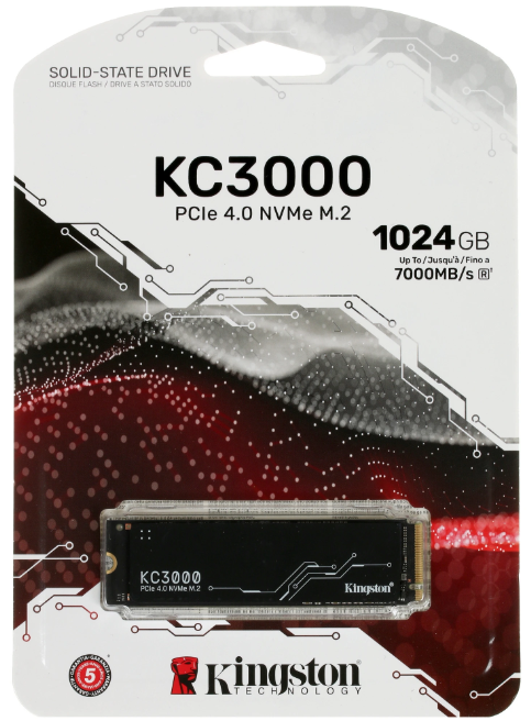 Накопитель SSD M.2 1TB Kingston KC3000 (SKC3000S/1024G) Retail (7000/6000МБ/сек, 900K/1M IOPS, NVMe PCI-Ex4 4.0, 3D TLC, TBW 800, M.2 2280)